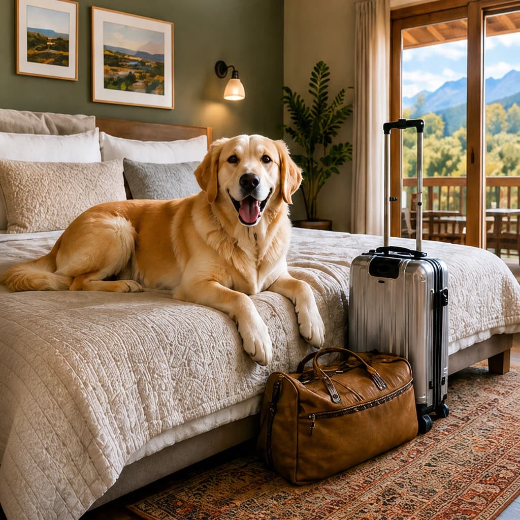 Dog relaxing on a bed in a pet-friendly room with travel bags and a mountain view